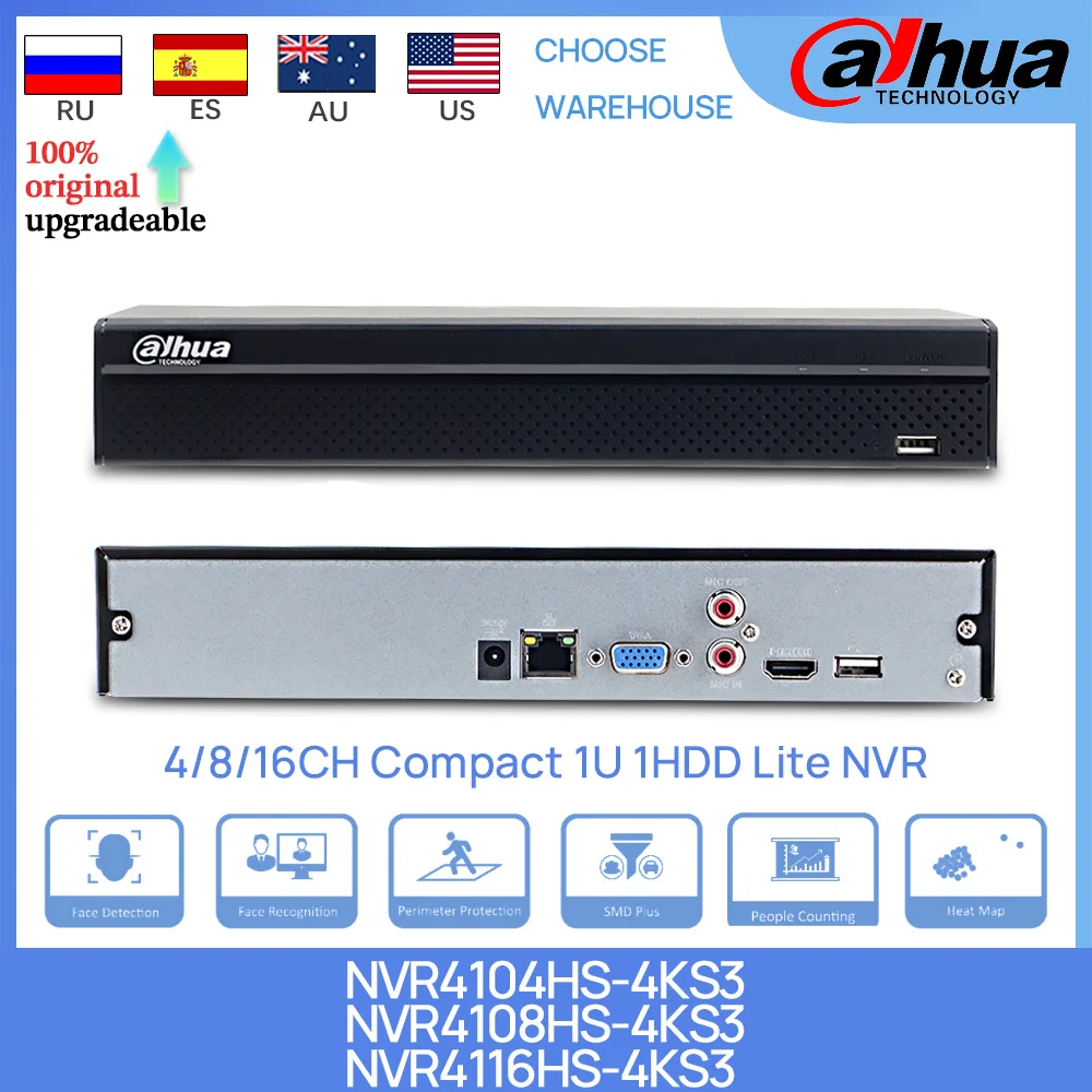 Dahua Original NVR4104HS-4KS3 NVR4108HS-4KS3 NVR4116HS-4KS3 4CH/8CH/16CH Compact 1U 1HDD Lite AI Network Video Recorder SATA IVS