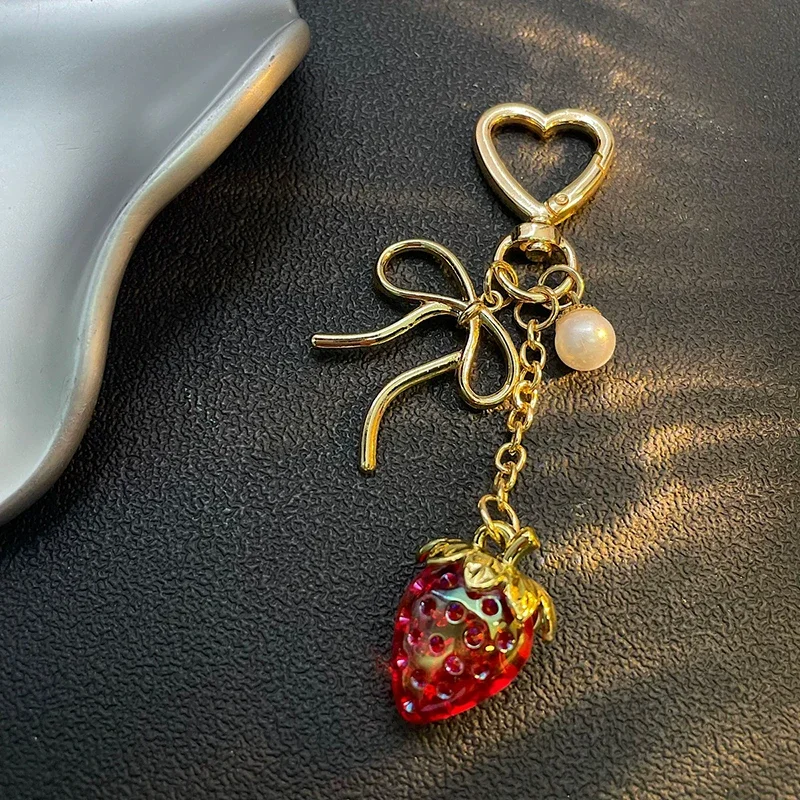 

Cute Strawberry Keychain Bag Charms Heart Bow Key Chains Accessories Decor for Girls Purse Pendant Gift