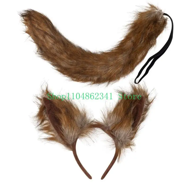5asd Wolf Ears Hair Bands Foxes Cosplay Set Lovely Foxes Ears Headband with Tail Set