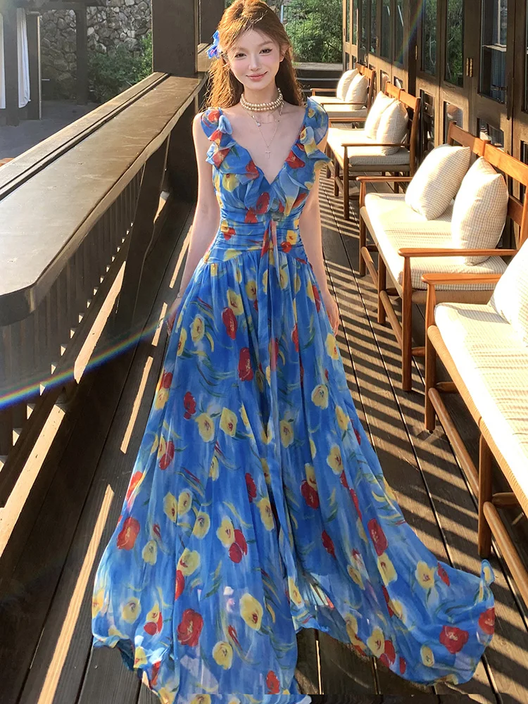 Summer Blue Floral Chiffon Ruffled V-Neck Sling Long Dress 2026 Korean Elegant Casaul Holiday Dress Women Boho Fesival Dresses