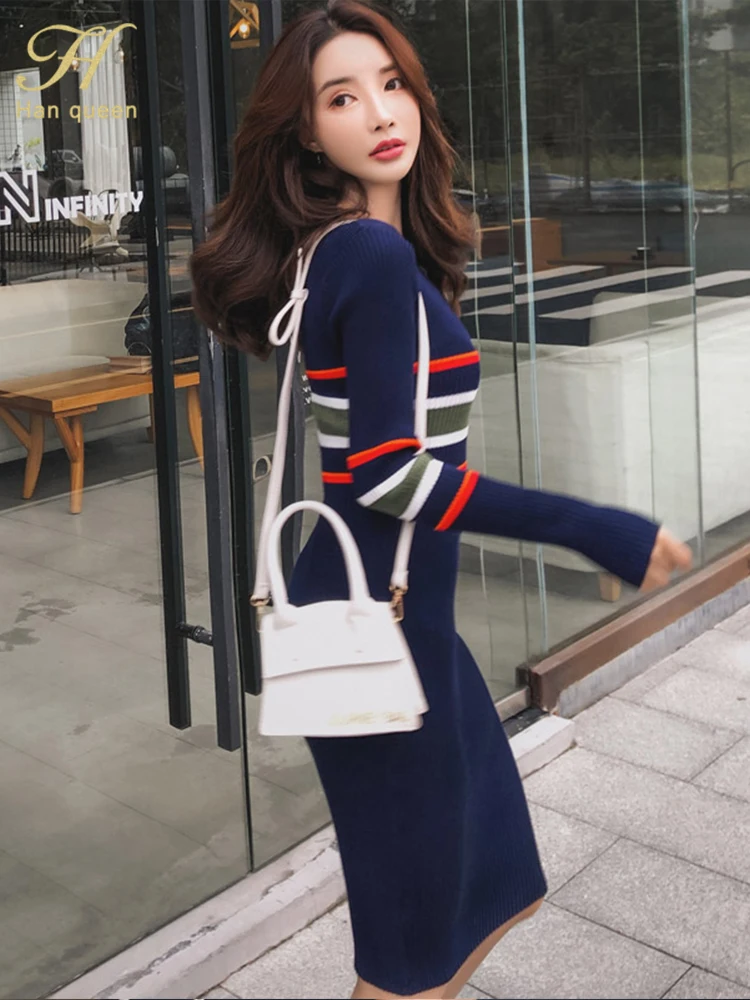 H Han Queen autumn new Pencil Dresses knit color matching striped sweater bottoming Office Bodycon Sheath knitted dress