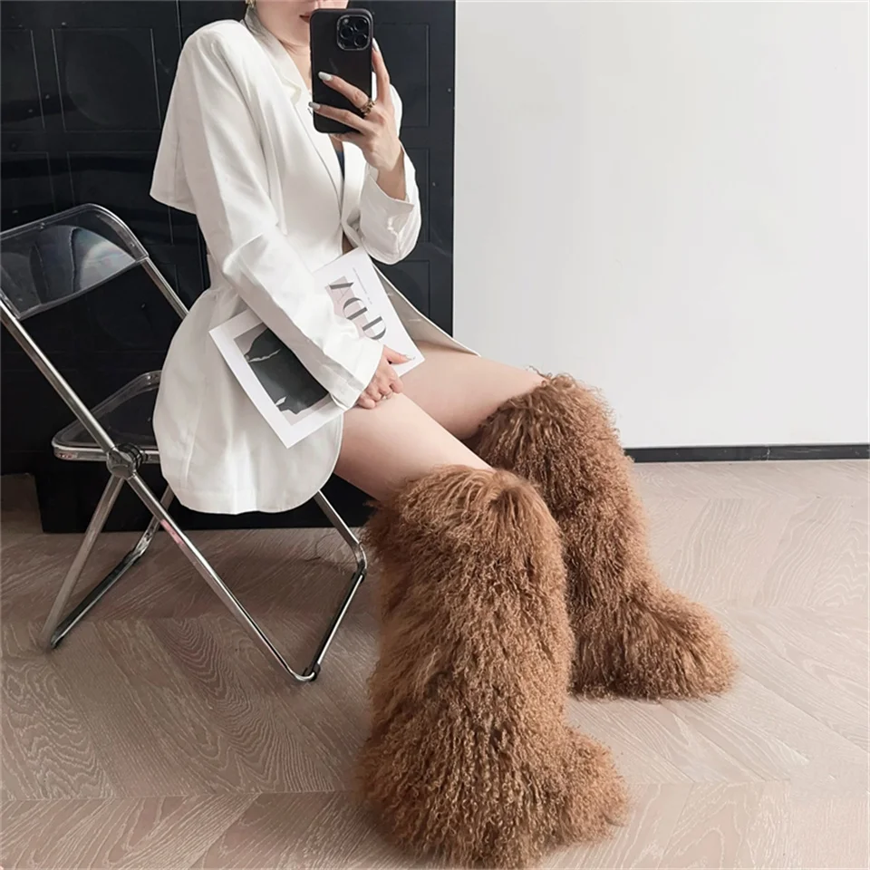 2024 Real Mongolian Fur Noots Wool Boots Warm SnowBoot Fur Wool Knee High Boots Purple/pink Fashion Winter Shoes