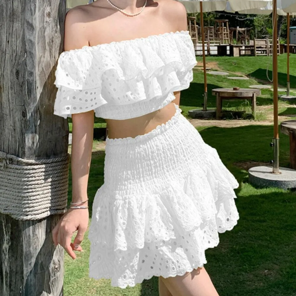 2 Pieces 1 Set Sexy Women Ruffles Elastic Shoulder Embroidery Hole Crop Top Shirt Elastic Waist Wood ears Cake Mini Skirts