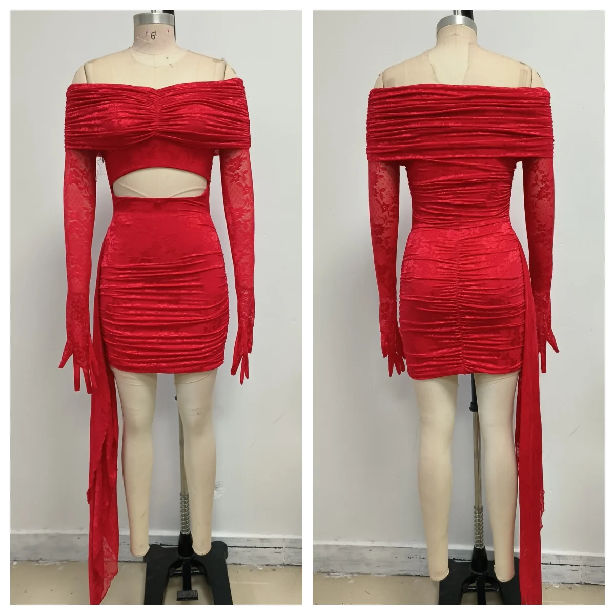 PB Chic Red Off The Shoulder Long-Sleeve Cut-Out Bodycon Mini Dress with Lace Train For Party Nightclub Fashion Event