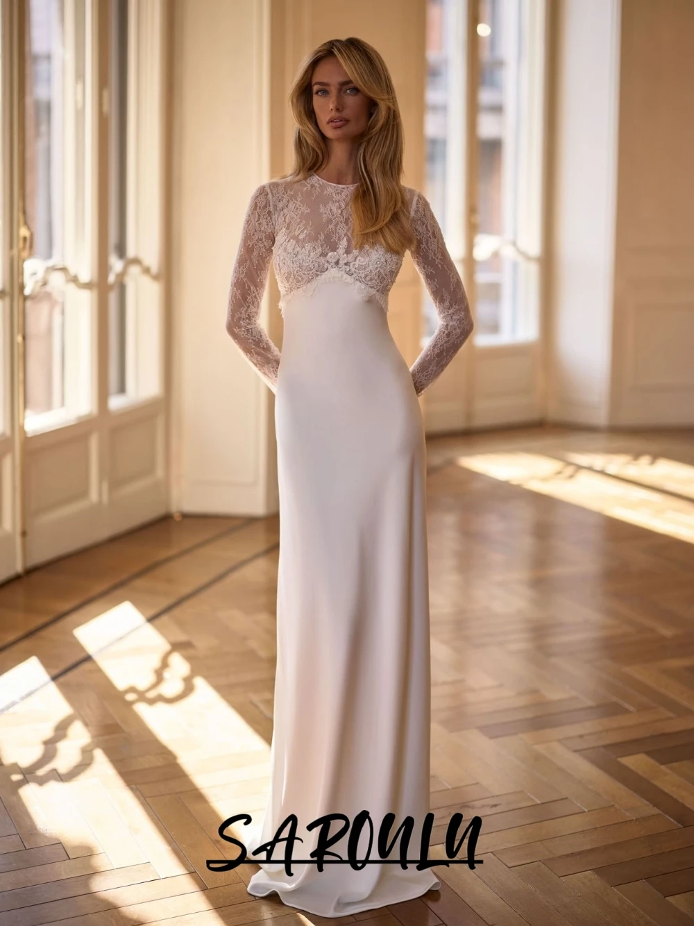 

Semi-sheer Lace Bodice Soft Mermaid Wedding Dress Reception Long Sleeved Graceful Pearls Customized Bridal Gown With Scarf