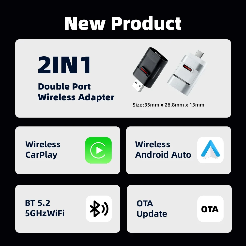 Adattatore CarPlay wireless 2 in 1 2025 |   USB/Tipo C a doppia porta |   Connessione più veloce |   BT 5.2 + 5GHz WiFi |   Aggiornamento automatico OTA