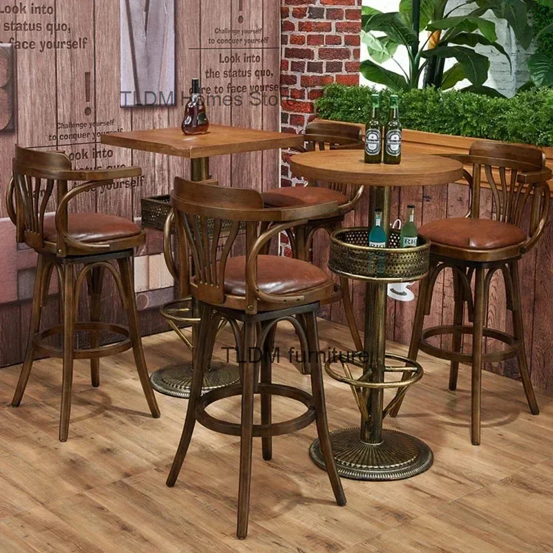 

American Retro Solid Wood Bar Chairs Home Cafe High Home Stools Creative Restaurant Clear Simple Swivel Armchairs Bar Furniture