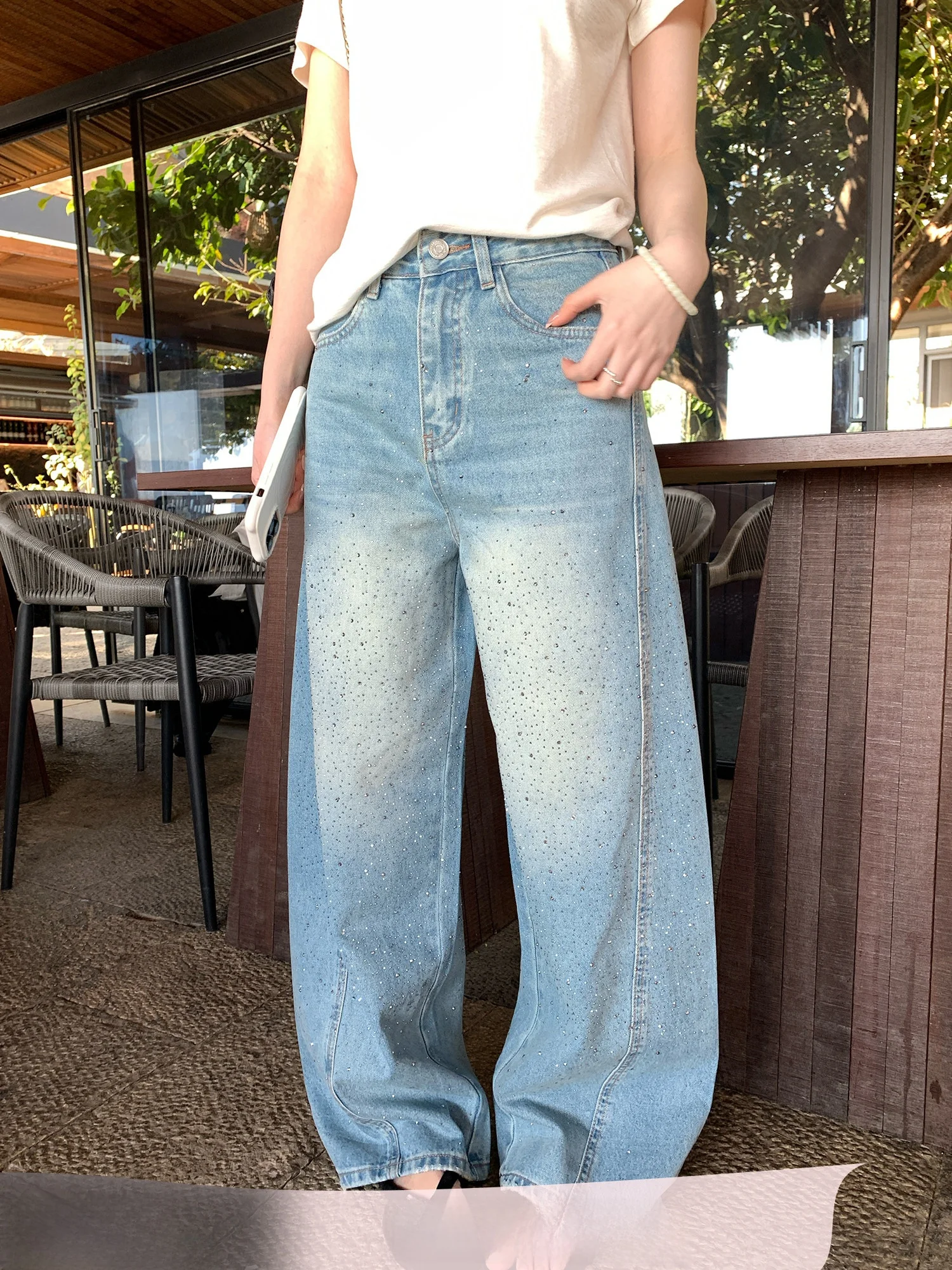 

Sweet Cool Heavy Duty Rhinestone Denim High Waist Loose Slim Wide Leg Pants Women's New 2026 Casual Straight Leg Jeans