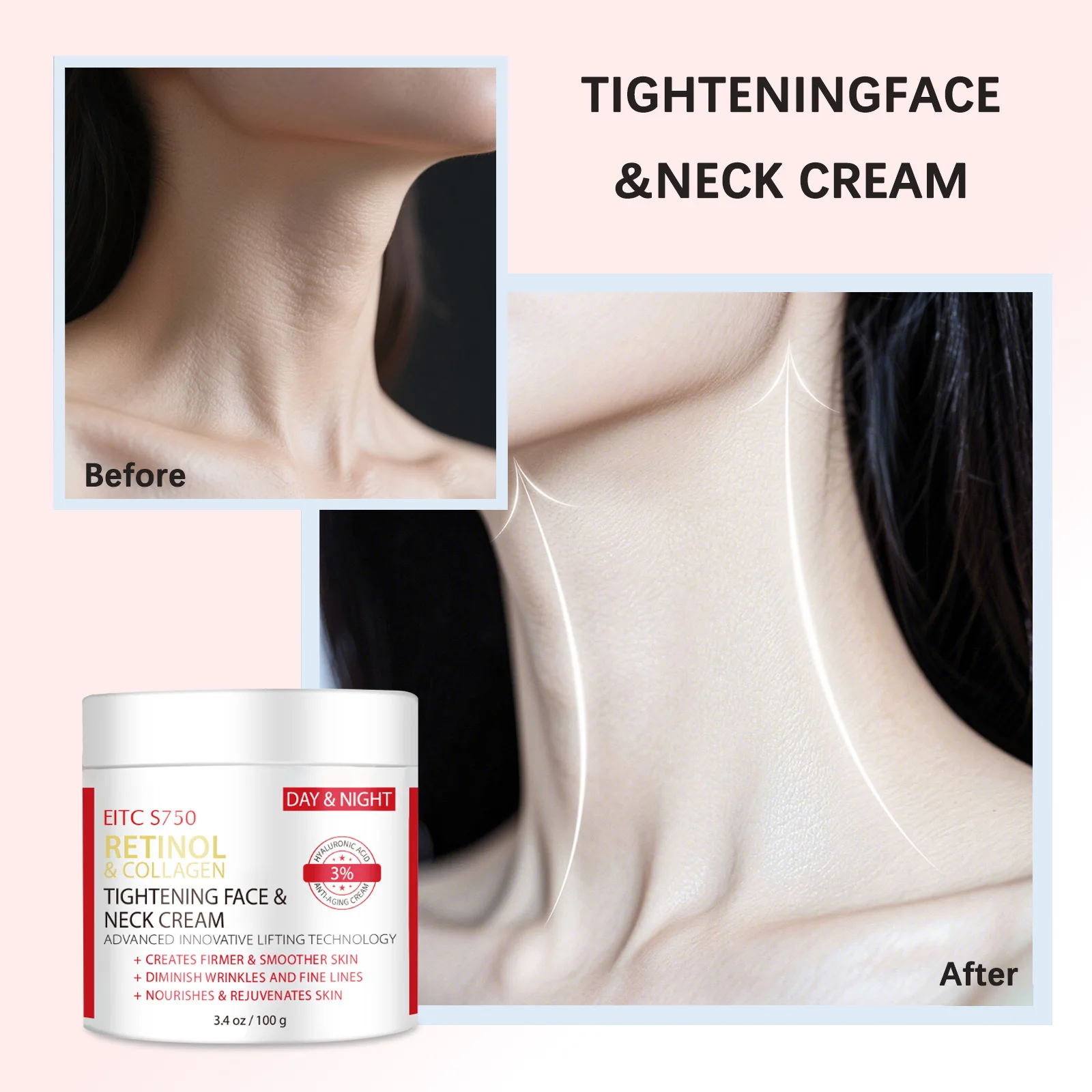 كريم الريتينول والكولاجين لشد الوجه والرقبة، الرفع المبتكر يخلق بشرة أكثر نعسانًا وتقليل التجاعيد والخطوط الدقيقة