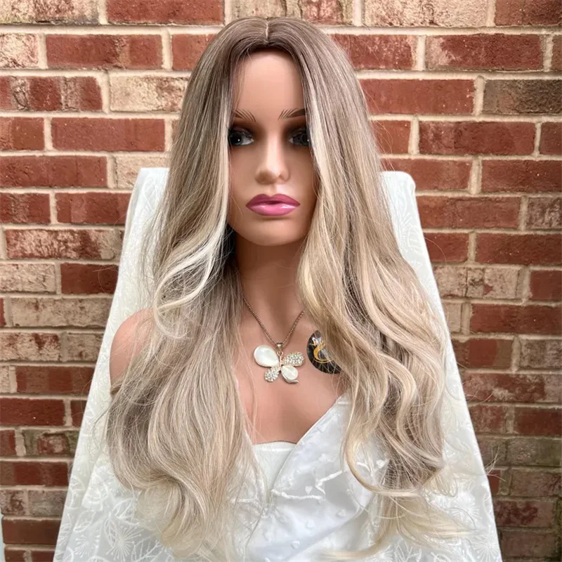 Long Dark Roots Ash Blonde Ombré Wig Natural Look Synthetic Heat Resistant Wig Fashion Cosplay Wig Women Wavy Lace Front Wig