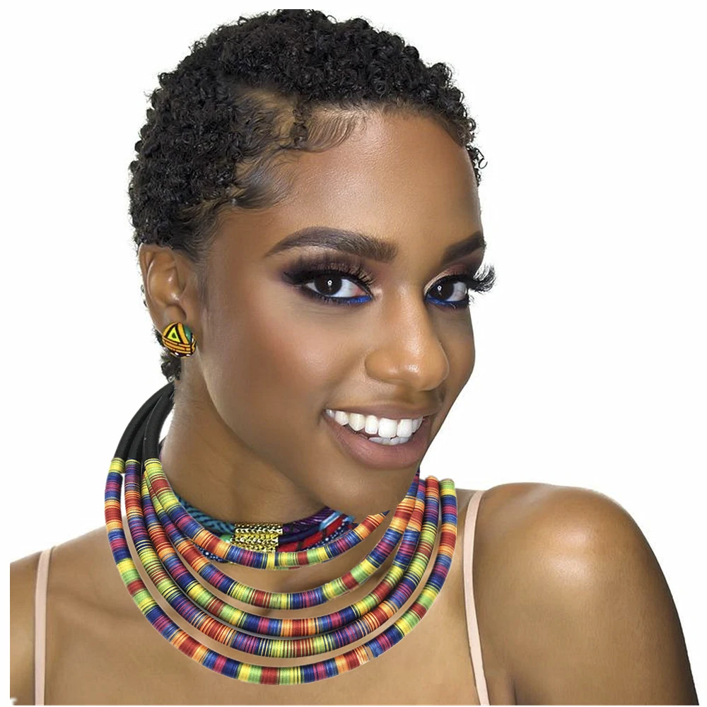 African Multilayer Rope Magnetism Button Boho Jewelry Choker Necklace Earrings Women Bib Collar Statement Necklace Jewelry Sets