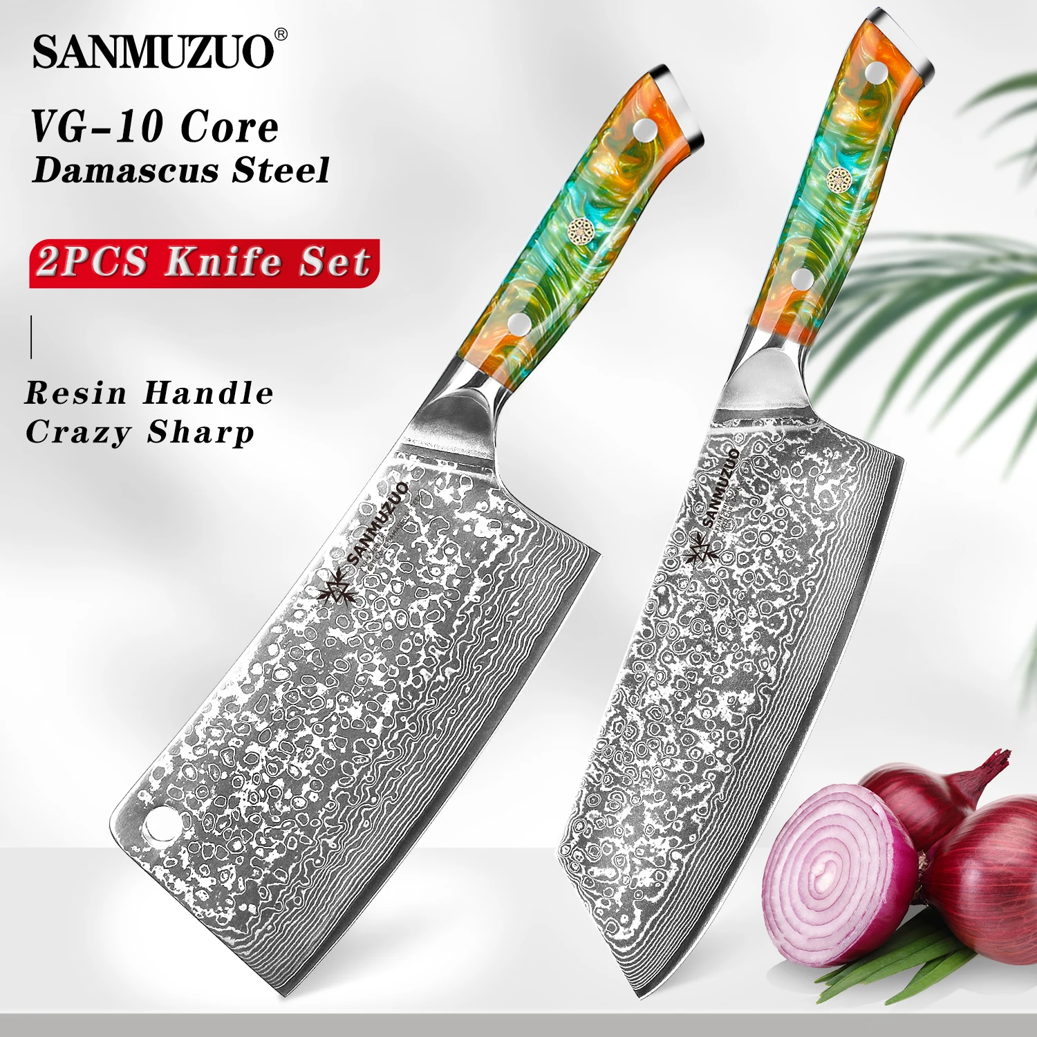 

SANMUZUO 2PCS Knife Set - XUAN Series - Professional VG10 Damascus Steel Chopping Nakiri Kitchen Knives - Resin Handle