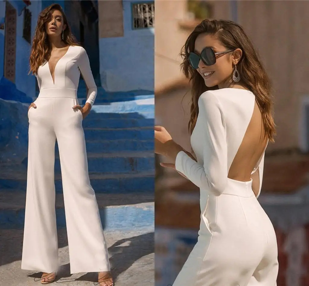 

Boho Beach Jumpsuits Wedding Dresses 2022 Long Sleeve Pockets Crepe Bride Reception Jumpsuit Bridal Pantsuits Robe De Mariee