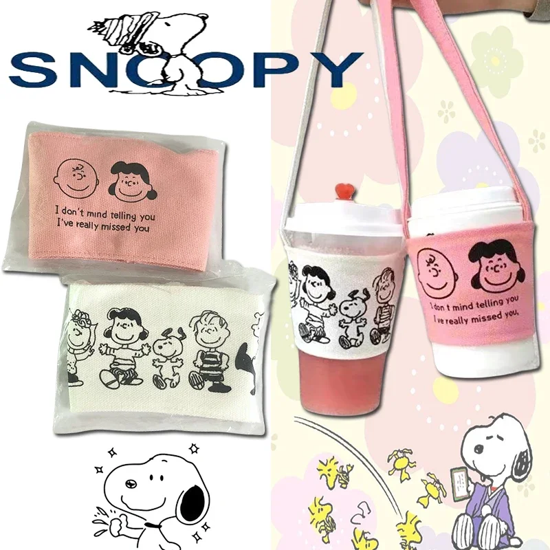 Snoopy-Bolsa de lona portátil para llevar tazas, bolso de viaje deportivo, bolsa de transporte, funda de dibujos animados, accesorio para hervidor de café colgante