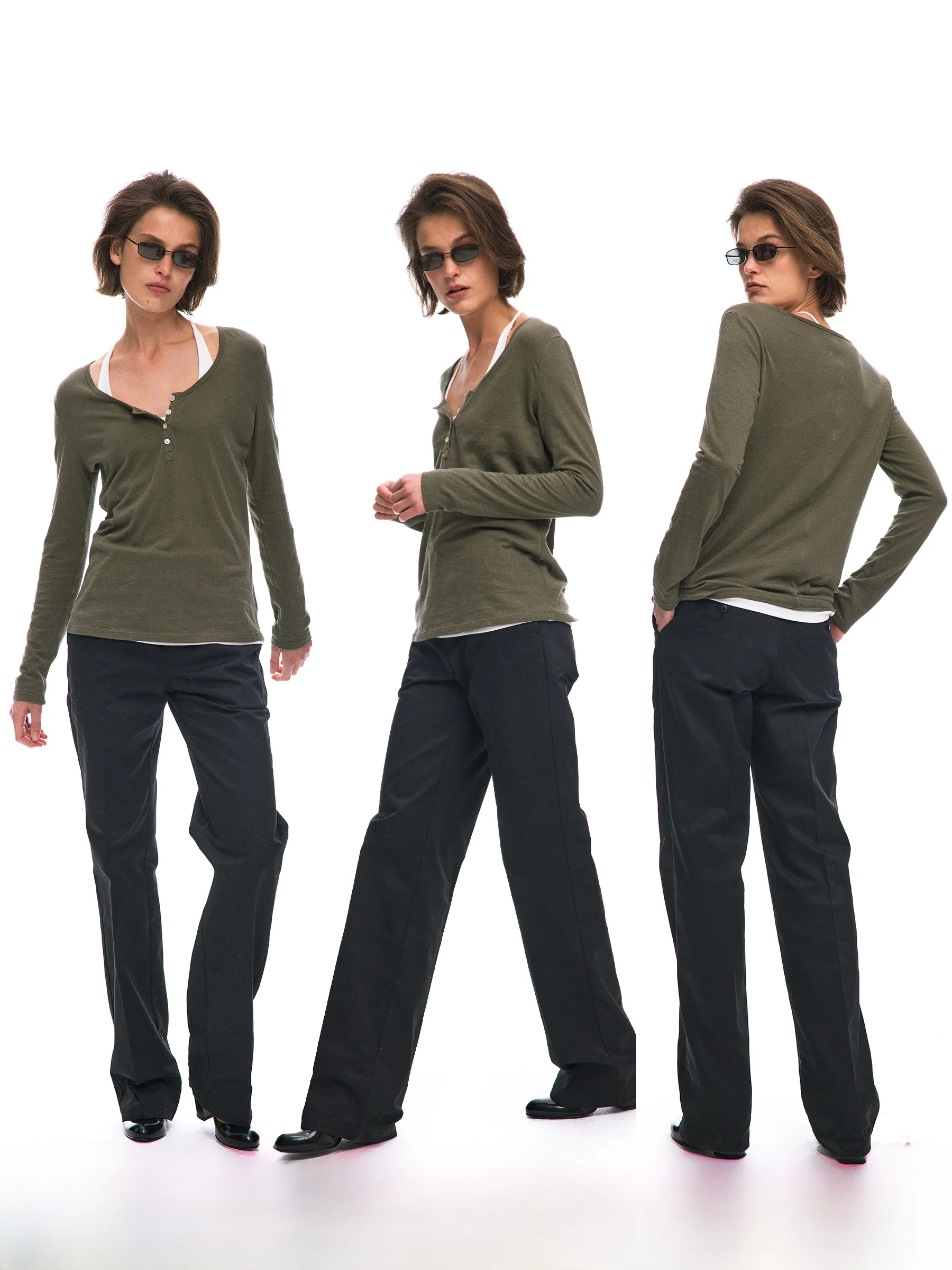

Fitted Long Sleeve T-Shirt Deep U Henry Collar Waist Cinched Shoulder Wide Fit Cotton Spring Summer Autumn Women's T-Shirt
