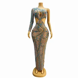 Blue Green Rhinestones Singel Sleeve Hollow Waist Dress Sexy Transparent Outfit Nightclub Birthday Party Collections lvcha