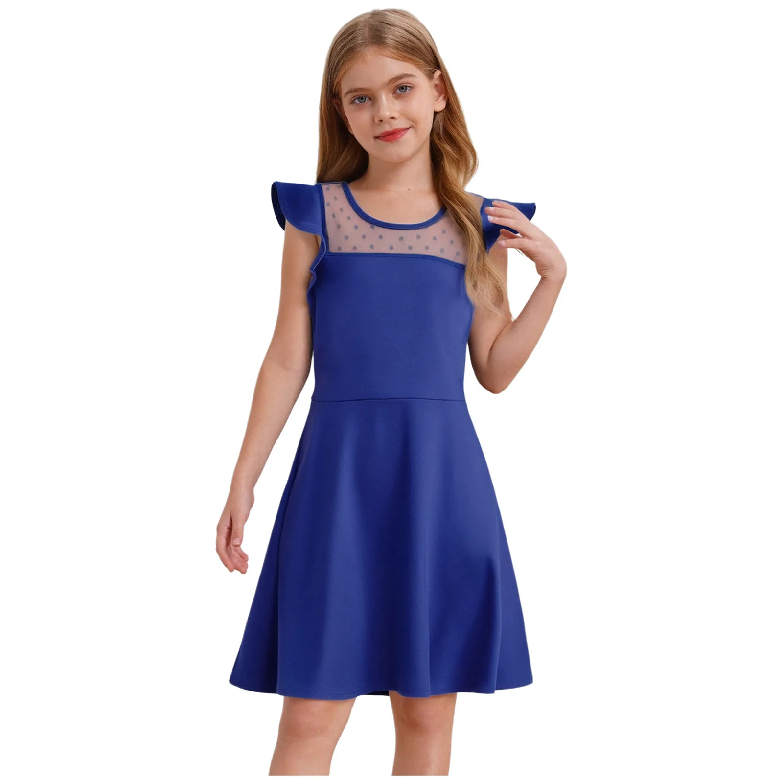 

Kids Girls Dress Summer Round Neck Ruffle Sleeves Dots Sheer Mesh Patchwork Dress for Birthday Party Wedding Vacation Beachwear
