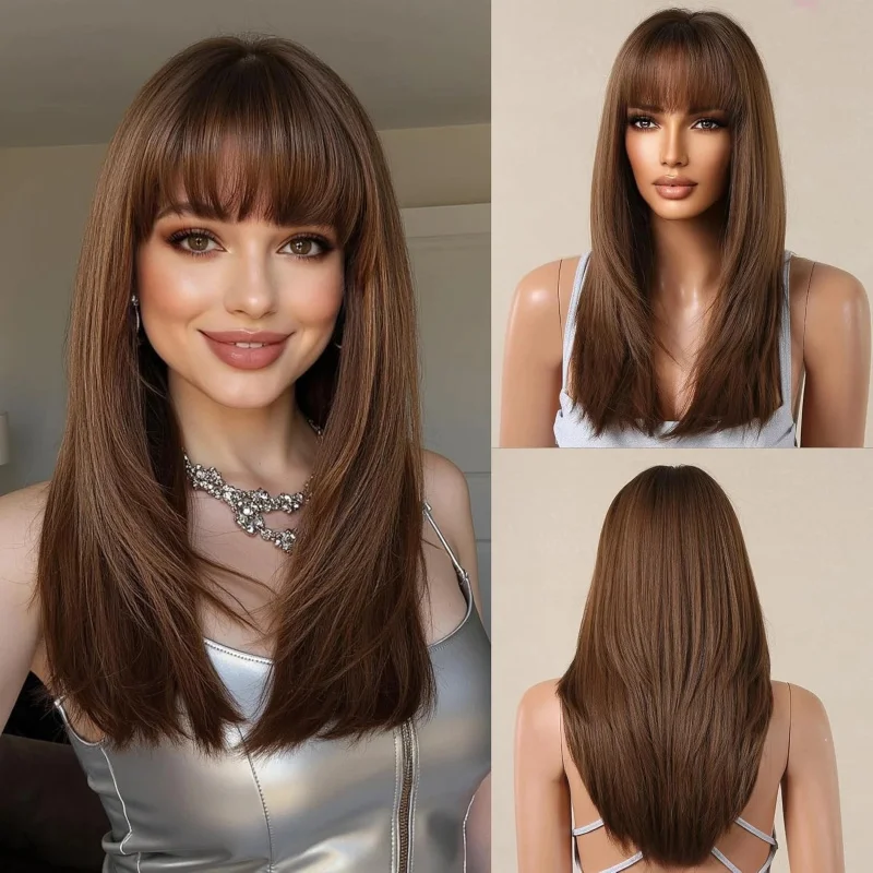

100% Human Hair New Fashion Women's Long Brown Straight Wigs 16 In
