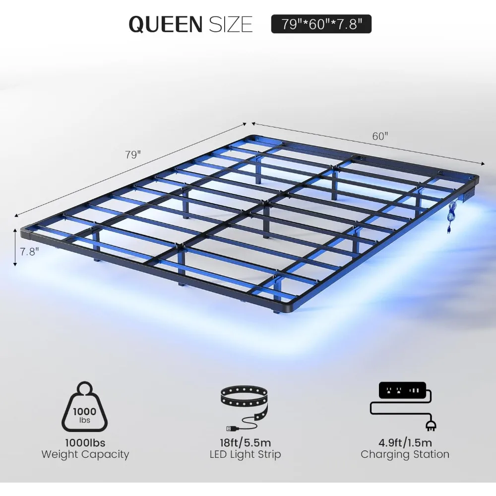 Floating Bed Frame Queen Size with Smart LED Lights and Charging Station - Modern Metal Platform Bed