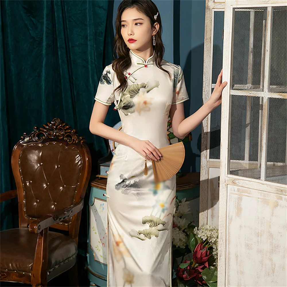 

Silk Lotus Printed Qipao Summer Short-sleeved Daily Dress Young Girl Chinese Style Temperament Elegant Cheongsam For Banquet New