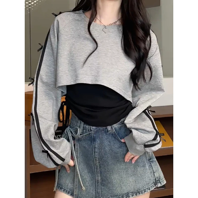 MiiiiX Korean Style Contrast Sweatshirt Suit Loose Bow Pullover Inner Shirring Vest 2024 Autumn Casual Women's Two Piece Set Top