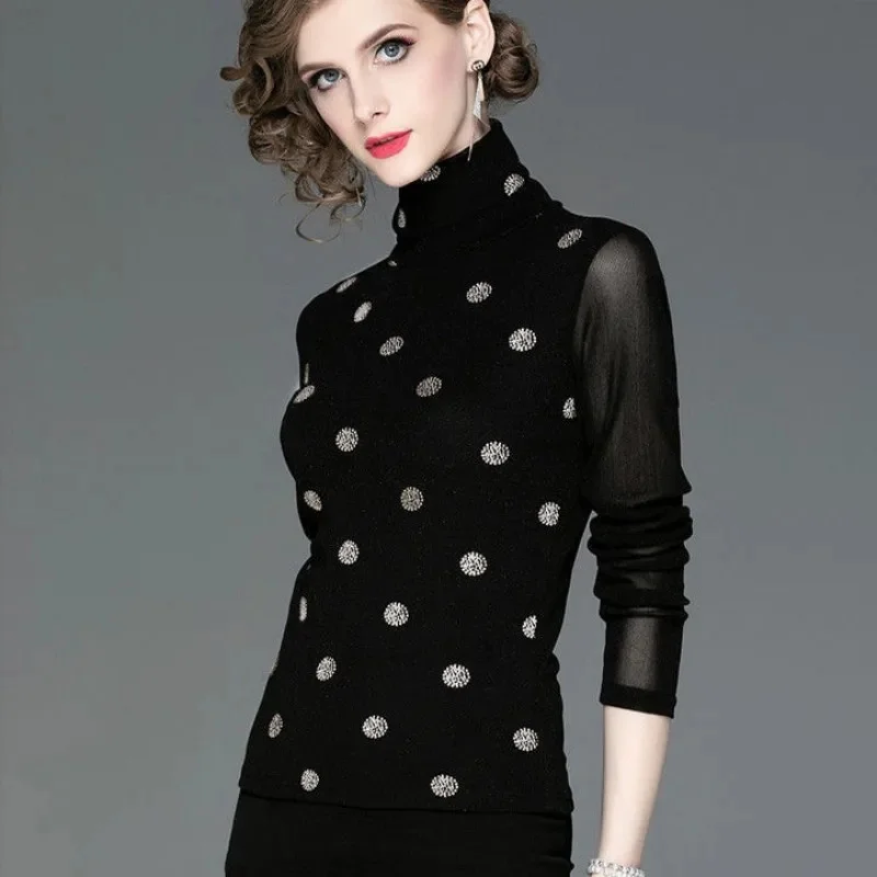 Women Spring Autumn Style Mesh Blouses Shirts Lady Slim Long Sleeve Turtleneck Polka Dot Sequins Blusas Tops