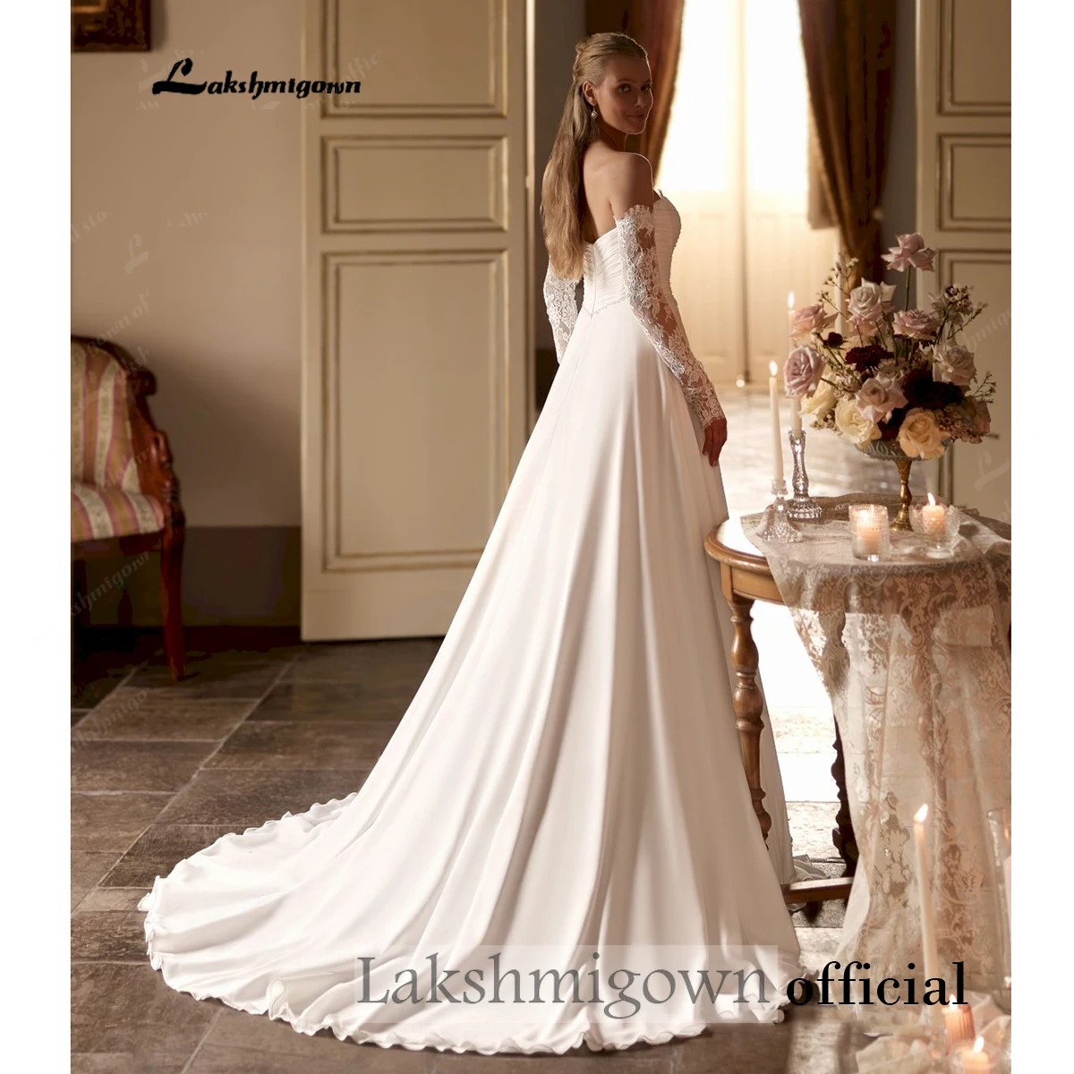 Lakshmigown trägerloses Chiffon-Hochzeitskleid mit abnehmbaren Spitzenärmeln, hohem Schlitz, A-Linien-Schnitt, V-förmiger Taille – Detail 6