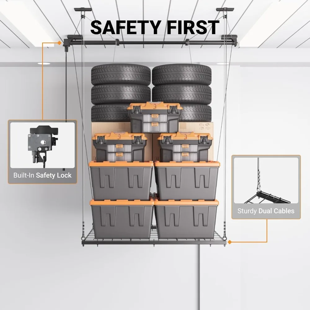 رف تخزين المرآب العلوي، رافعة تخزين سقف المرآب 4 × 4 أقدام، نظام رفع تخزين المرآب عالي التحمل مع سعة وزن 300 رطل