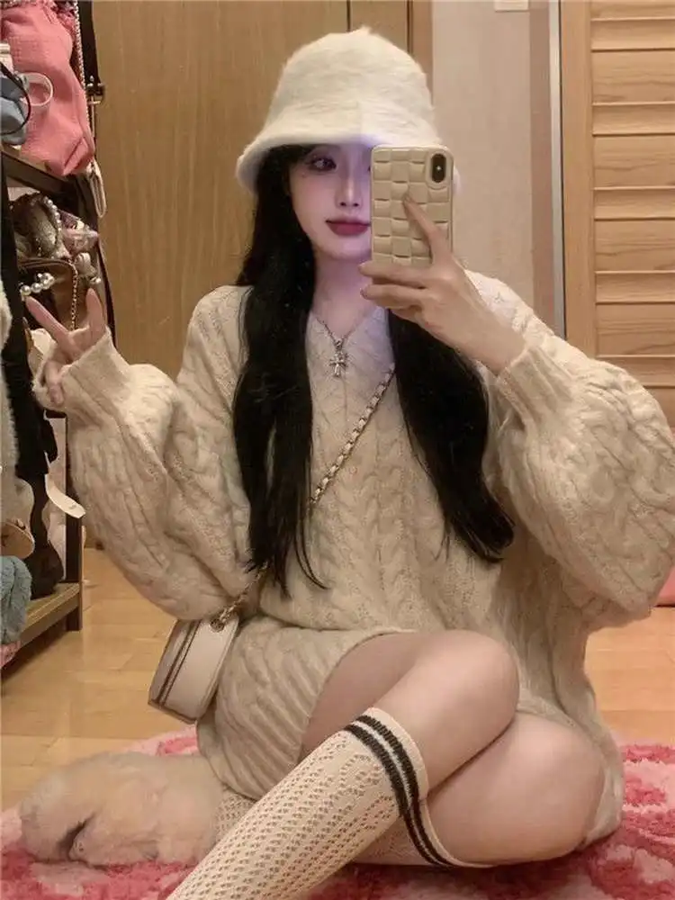 الوردي الخريف الشتاء Thiened الدافئة V-ne لينة الملتوية سترة المرأة فضفاضة محبوك أعلى الكورية Sle عارضة Faion البوليستر... #5