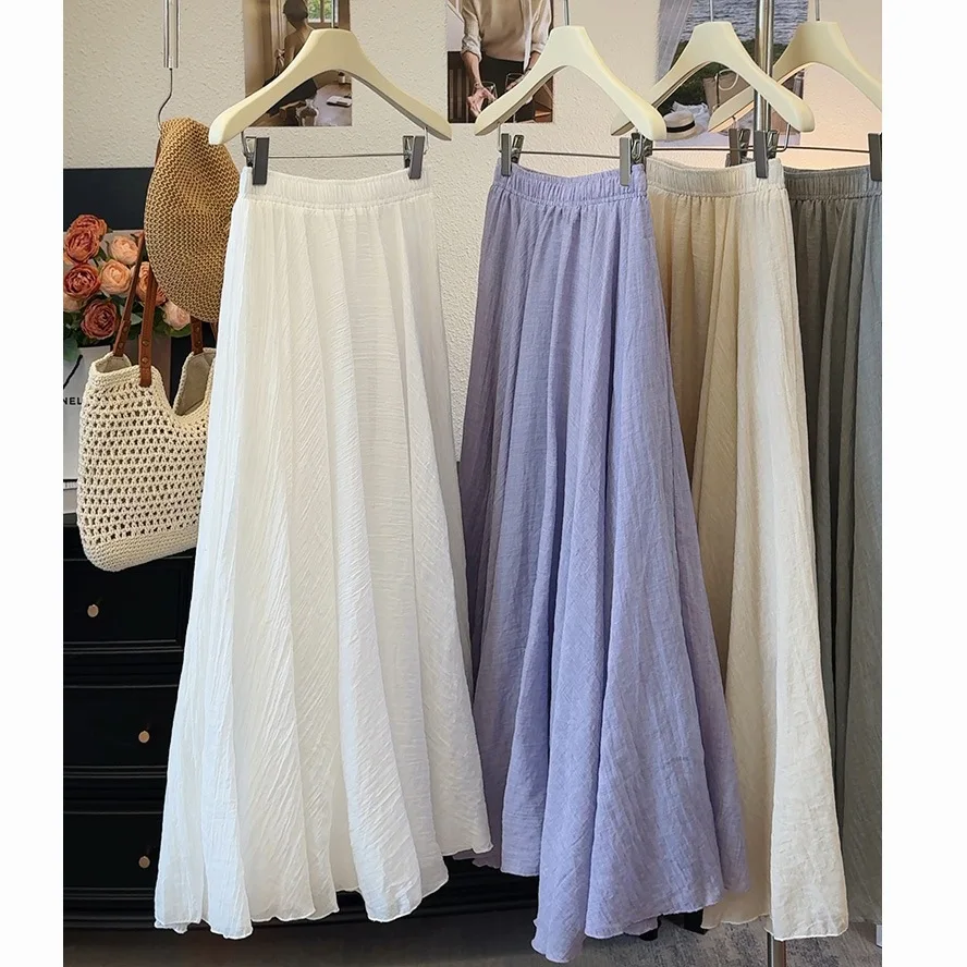 Solid Color Summer Skirts Women Fashion Chic Elastic Waist Solid Draped Big Swing A-line Skirt Commute Women Half Body Skirt