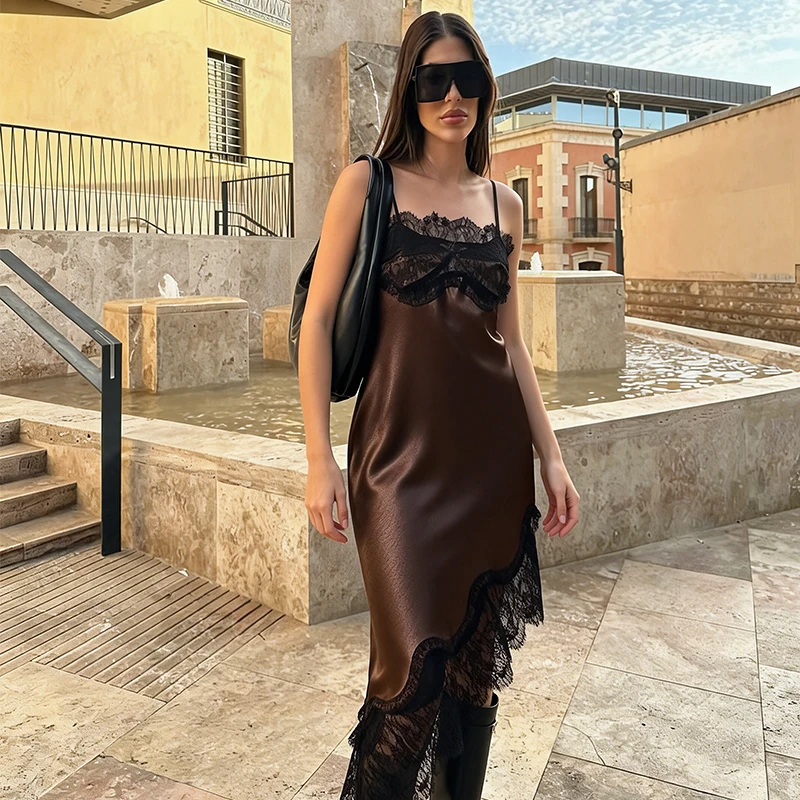 2026 Women Sexy Lace Splice Dresses Fashion Sleeveless Backless Satin Dresses For Women Spring Summer Elegant Party Dresses