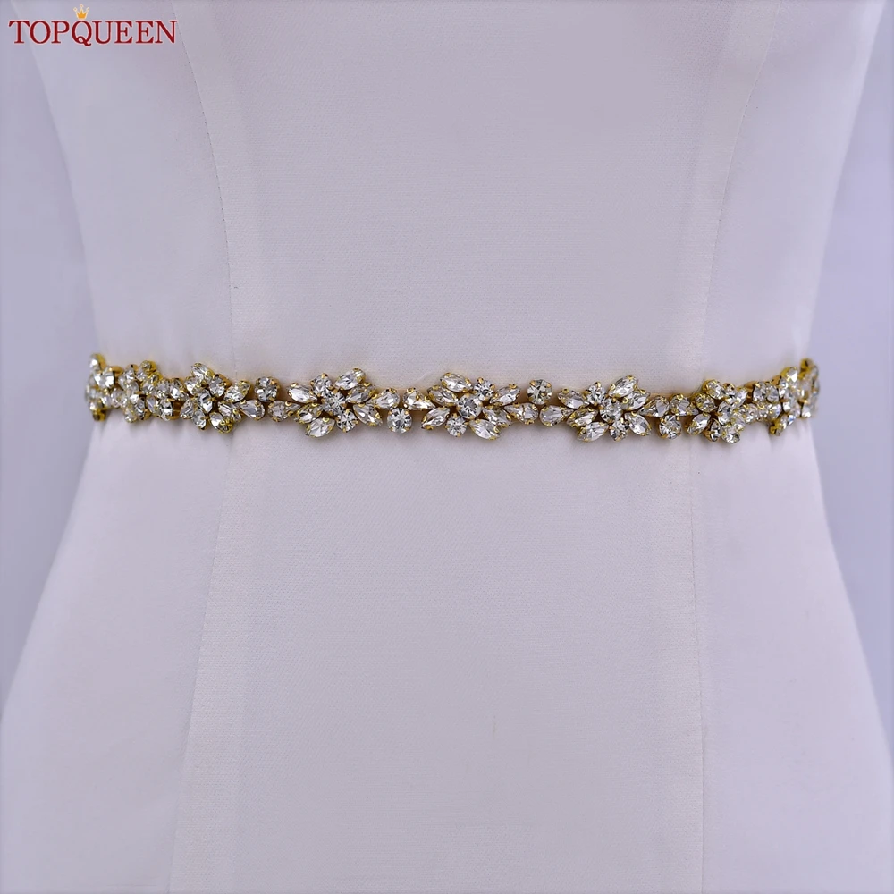 TOPQUEEN S437-G Gold Rhinestone Trim Applique Bridal Belt Jewelry Navy Blue Bridal Belts Bride Accessories Women Rhinestone Belt