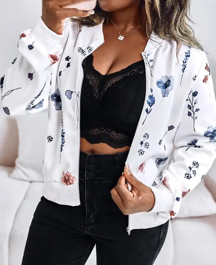 Female Wear Plants Print Long Sleeve Casual Zipper Baseball Coat Daily Clothing 2025 Autumn Vacation Women's Fashion Jacket