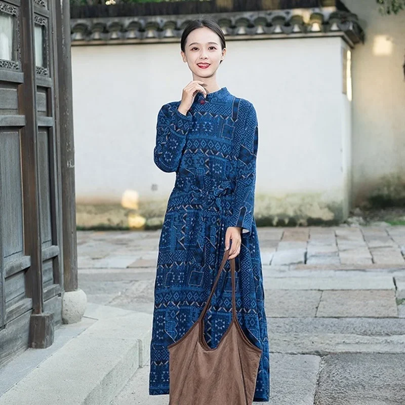 Ethnic style women autumn winter dress cheongsam cotton linen long sleeve vintage robe slim fit Chinese dress qipao 11676