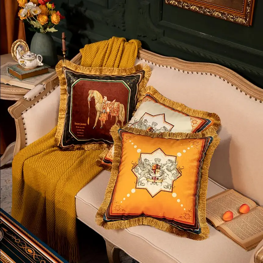 French Luxury Velvet  Cushion Cover Tassels Horse Printed Home Sofa Pillowcase For Living Room Bedroom Cushion Throw 45cm Size