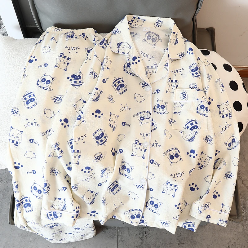 Autumn New Blue Cute Cat Two Piece Pajamas Set Korean Casual Cartoon Kawaii Sleepwear Women\'s Cotton V-neck Fashion Homewear