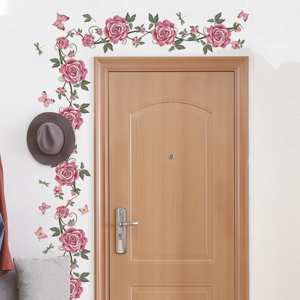 1Pc Pink Flowers Plants Vines Butterflies Wall Stickers for Children's Room Living Room Girls Bedroom Decoration Wall Decal