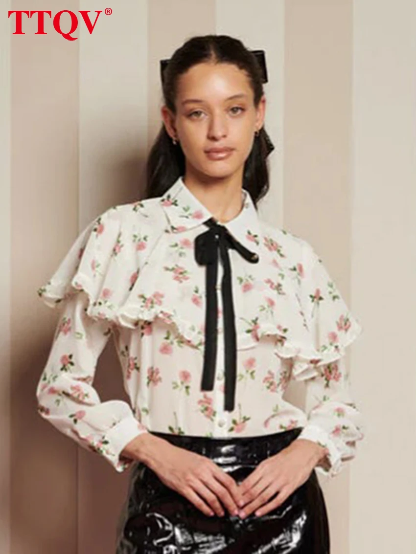 

TTQV Fashion Loose Print Women's Blouse 2026 Casual Lapel Long Sleeve Lady Shirt Elegant Classic Ruffles Top Female Clothing
