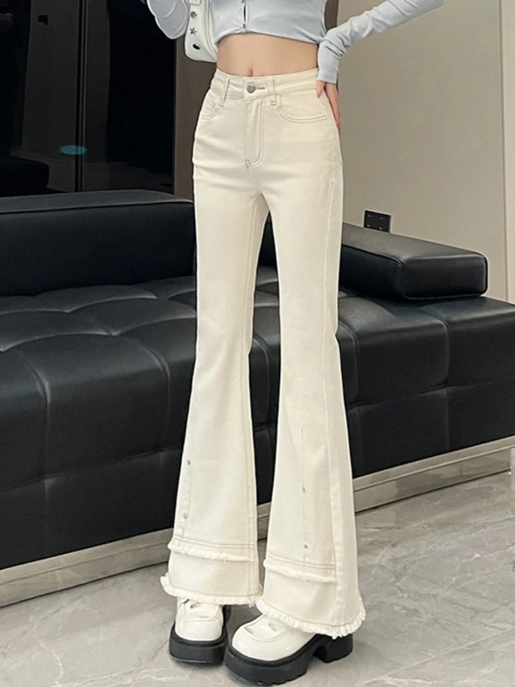 

Женские джинсовые брюки-клеш с кисточками, осень 2024, новые облегающие модные лоскутные брюки длиной до пола с высокой талией