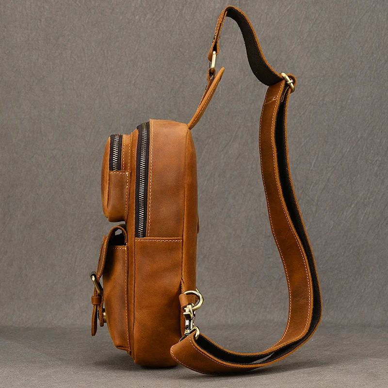 Crazy Horse Leather Men Chest Bag Small Cowhide Travel Bag Vintage Real COW Leather Women Crossbody Bag Brown iPad Messenger Bag