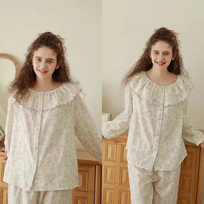 

Women 100% Cotton Printing Sleepwear For Four Seasons Embroidery Ruffles Collar Full Sleeves Floral Pajamas Loose Cardigan PYJS