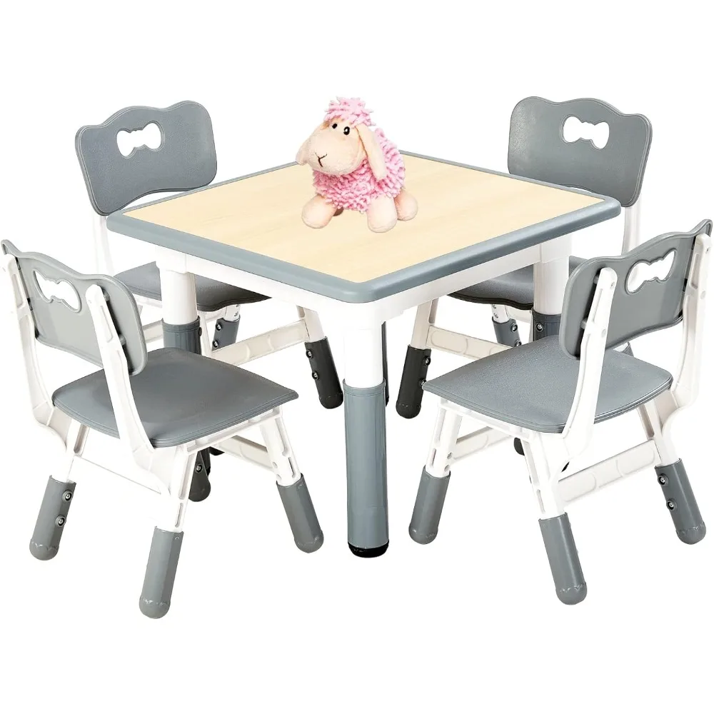 Kids Table and 4 Chairs Set, Height Adjustable Toddler Table and Chair Set for Ages 3-8, Easy to Wipe Arts & Crafts Table