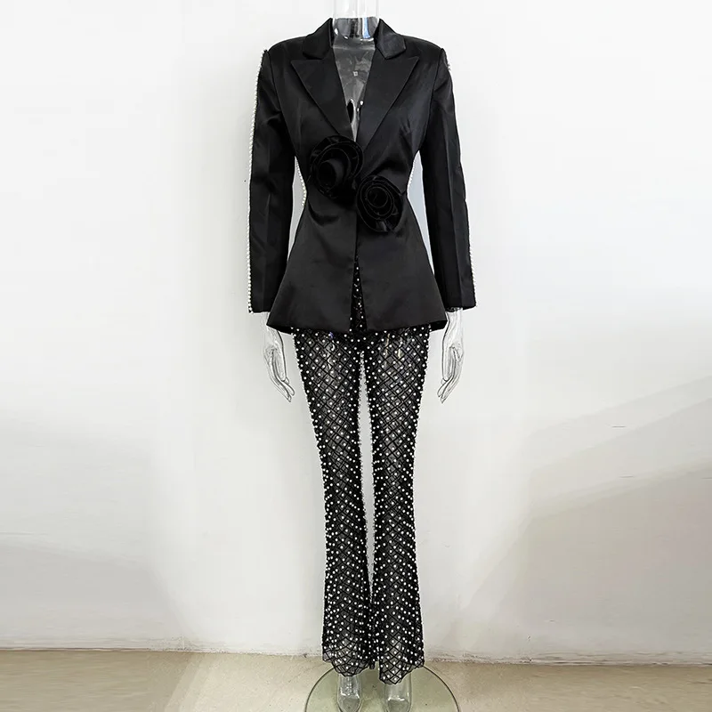 2025 Spring/Summer New Style Hollow Nail Bead Three-Dimensional Flower Suit Pearl Sequin Mesh Long Pants Set