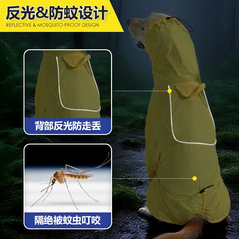 DOTON الكلب معطف واق من المطر الياقة المدورة غطاء رأس مقاوم للماء عاكس يمكن تعليقه على حبل الجر معطف واق من المطر الكلب المتوسط والكبير