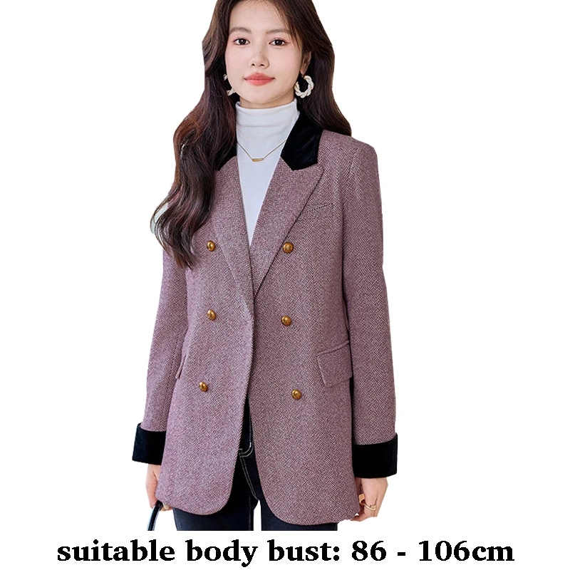 

Высококачественный длинный шерстяной пиджак для женщин, двубортный пиджак с цветными блоками, осень-зима, элегантная офисная одежда, фиолетовый, серый