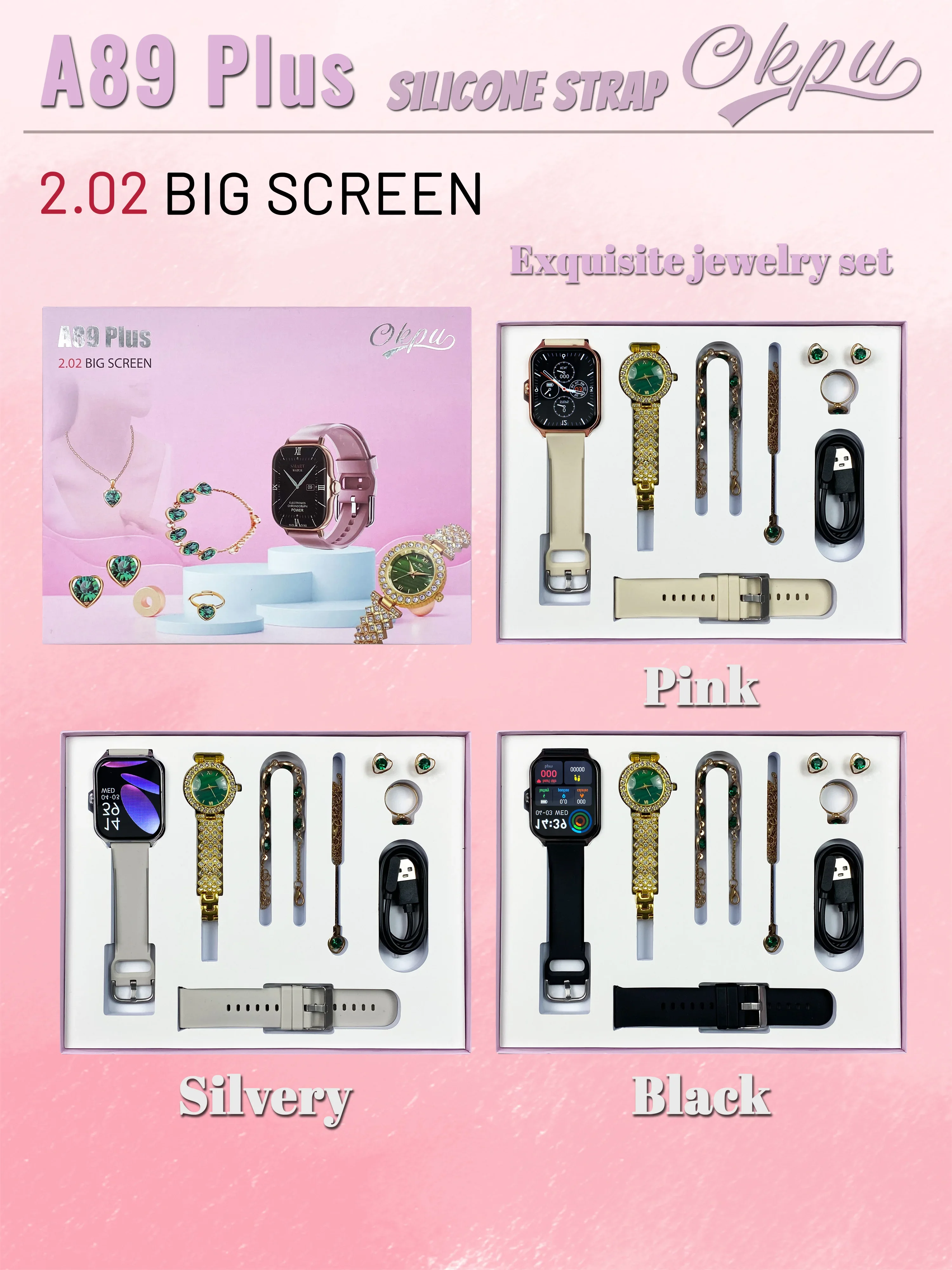 Smart watch for female  Necklace Earrings Bracelet Ring A58 a68 a89 plus combo Smartwatch For ladies watches smartwatch android