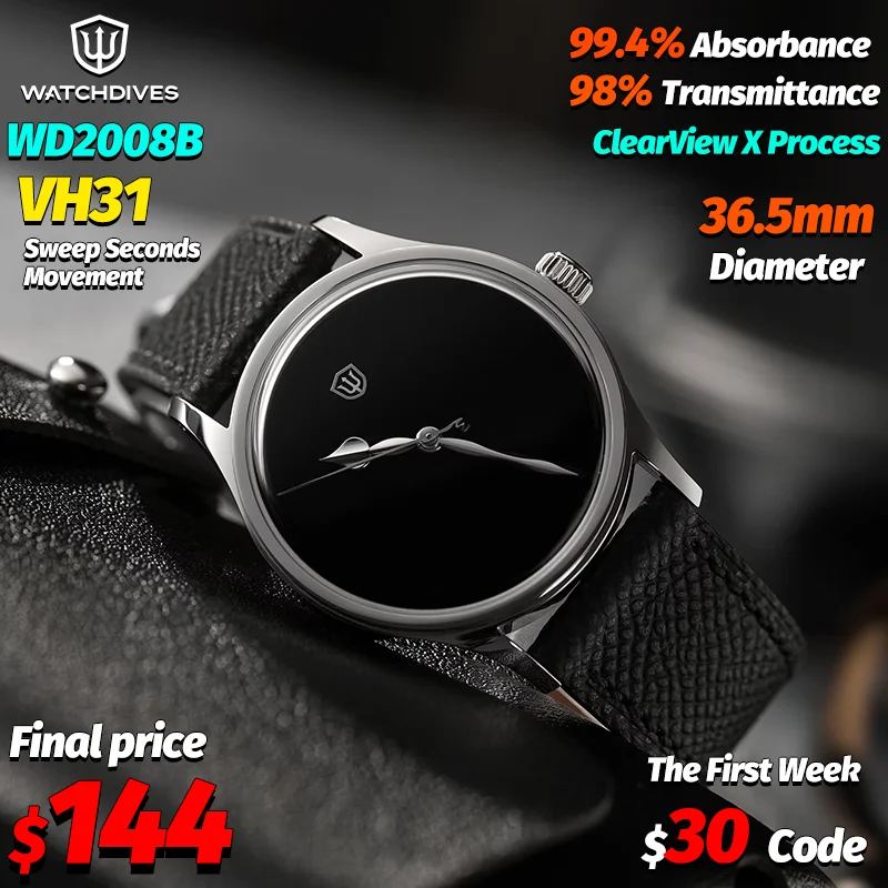 Watchdives WD2008B 36.5Mm Musous Super Black Watch Men VH31 Quartz Watches Sapphire Crystal Clearview X 100M Waterproof Relojes