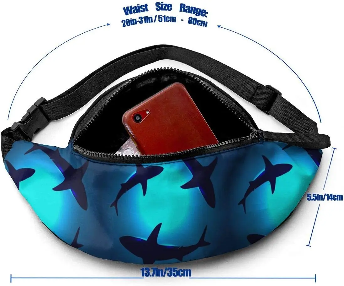 Sea Animals Shark Waist Bag with Headphone Hole Belt Bag Adjustable Sling Pocket Fashion Hip Bum Bag for Women Men Kids