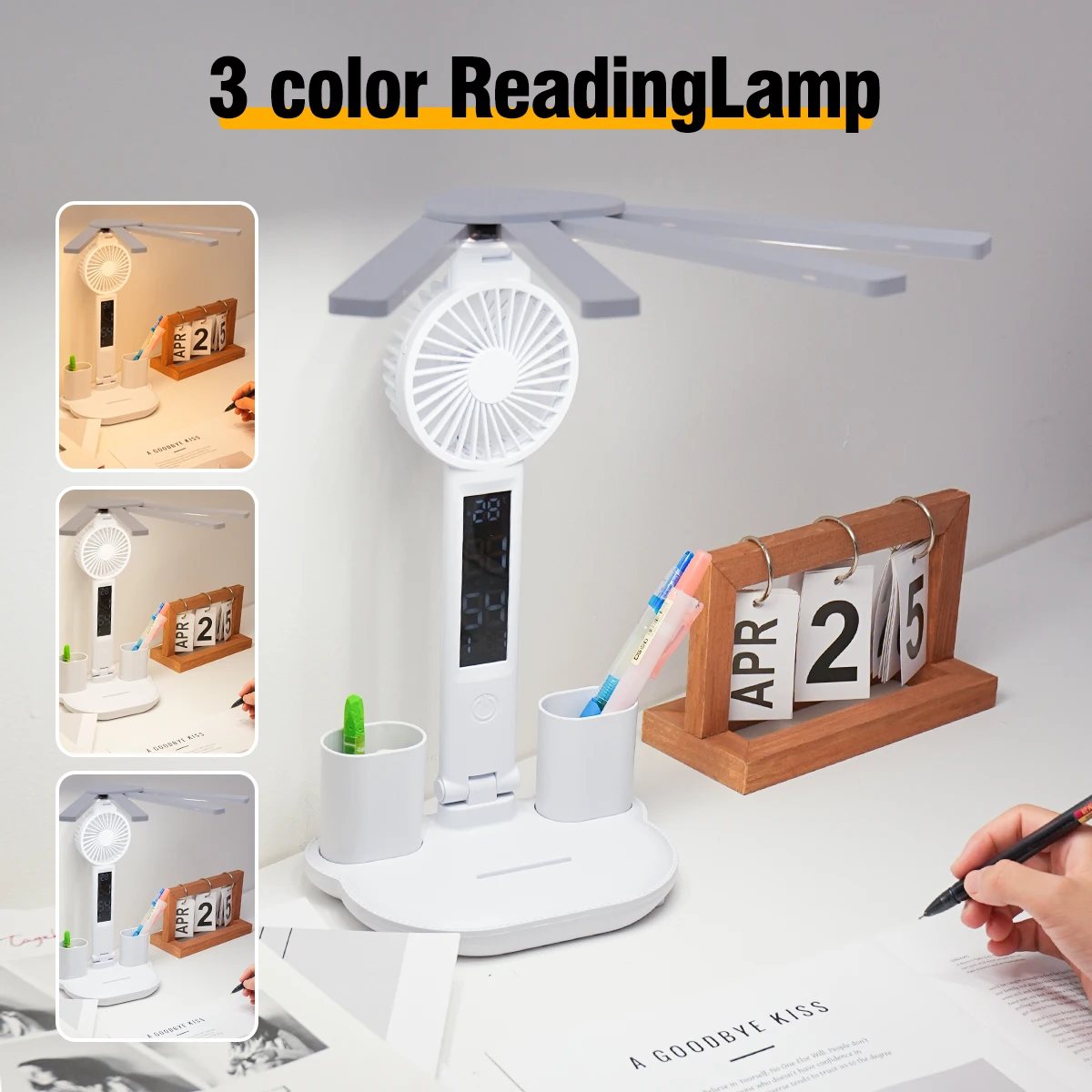 Lampada da tavolo multifunzione 3in1 LED pieghevole a quattro teste con ventilatore calendario orologio lampada da scrivania ricaricabile USB