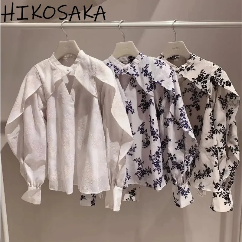 Blusa de Organza con manga abombada y cuello en V para mujer, blusa elegante estilo japonés Vintage, novedad de 2024